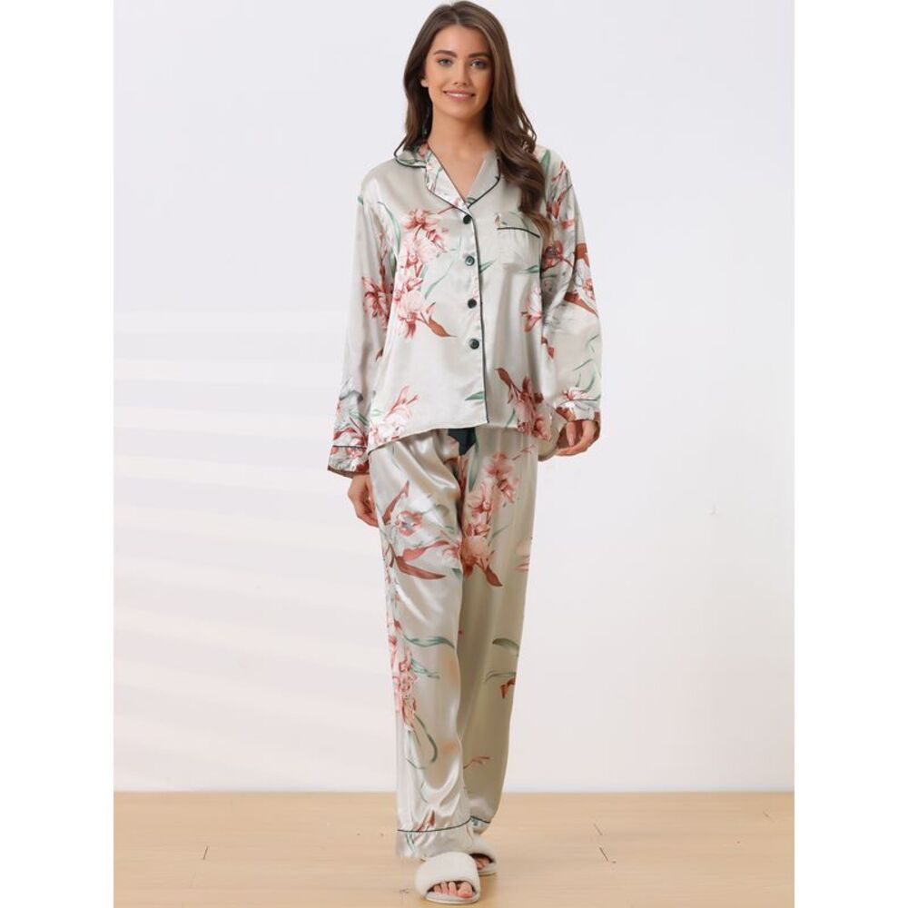 Womens Satin Floral Pajamas Sleepwear Long Sleeve Pjs Button Up Lounge Set Gray - Picture 2 of 5